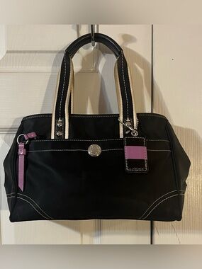 Coach Hampton Tote Bag Black Nylon Leather Trim Lavender Accents & Hangtag
